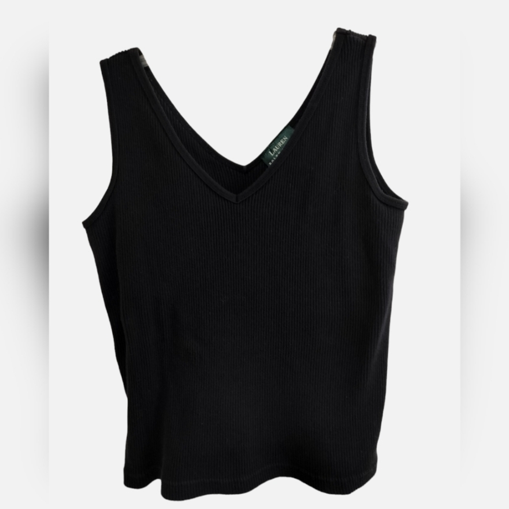 2221) Lauren Ralph Lauren Black Ribbed Cotton V neck  Tank Size Medium